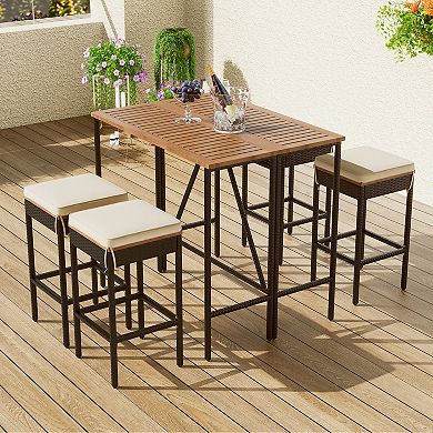 5-piece Outdoor Acacia Wood Bar Height Table And Four Stools With Cushions