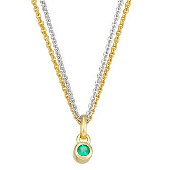14k Gold & Sterling Silver Double Strand Emerald Charm Necklace