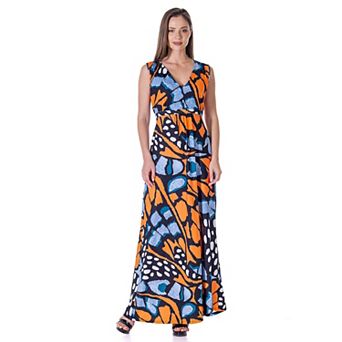 Women's 24Seven Comfort Apparel V Neck Tie Back Empire Waist Sleeveless Maxi Dress