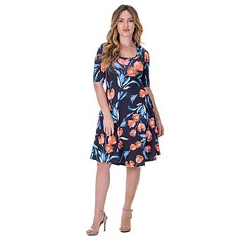 Women's 24Seven Comfort Apparel Floral Print Elbow Sleeve Knee Length Dress