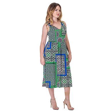Women's 24Seven Comfort Apparel Midi Length Geo Print Sleeveless Pleated Pocket Dress