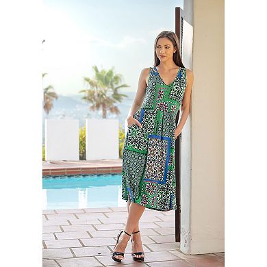 Women's 24Seven Comfort Apparel Midi Length Geo Print Sleeveless Pleated Pocket Dress