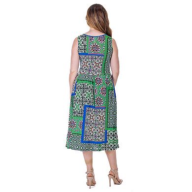Women's 24Seven Comfort Apparel Midi Length Geo Print Sleeveless Pleated Pocket Dress
