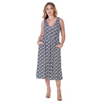 Women's 24Seven Comfort Apparel Midi Length Geo Print Sleeveless Pleated Pocket Dress