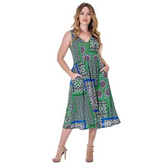Women's 24Seven Comfort Apparel Midi Length Geo Print Sleeveless Pleated Pocket Dress