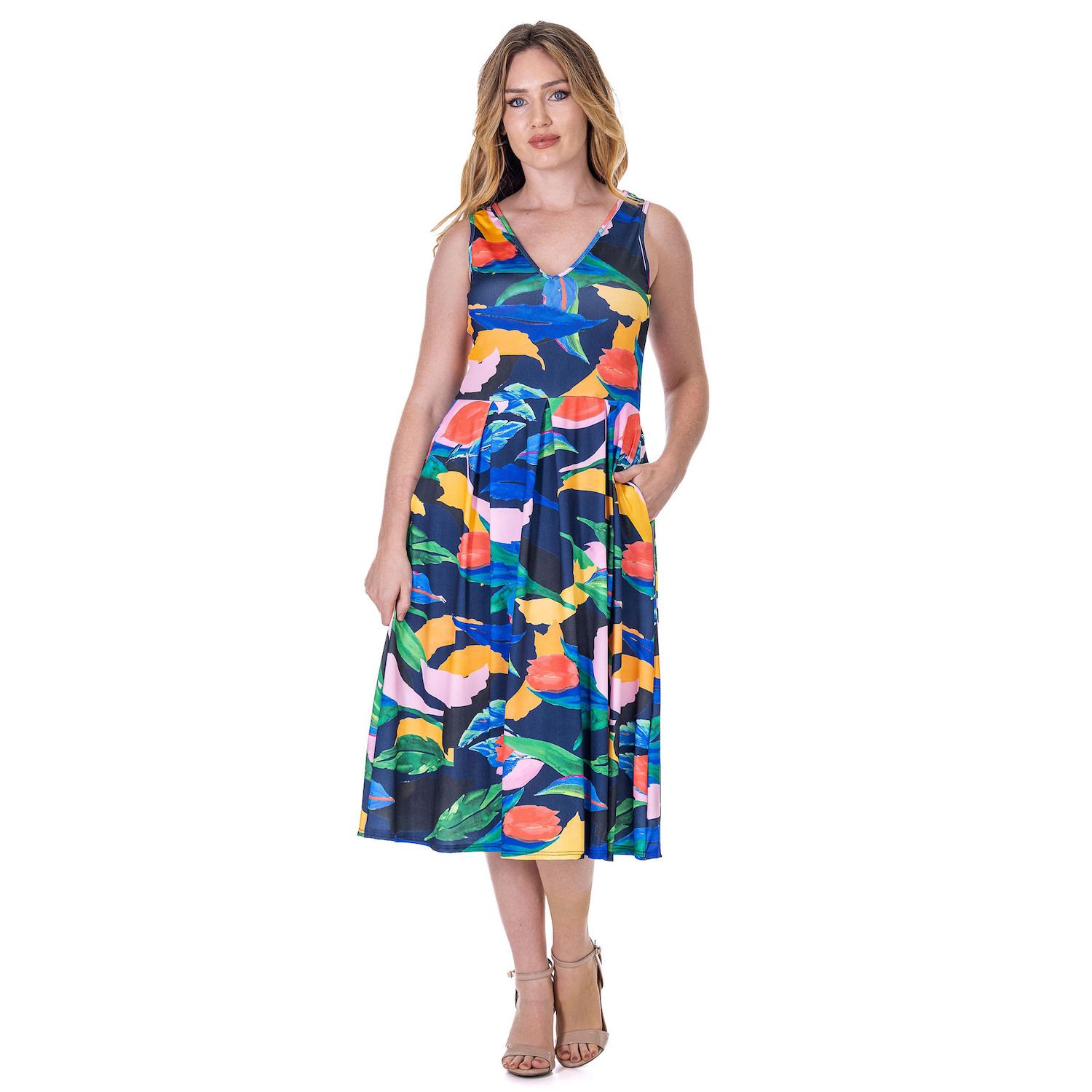 Женские платья 24Seven Comfort Apparel Midi Length Geo Print Sleeveless Pleated Pocket Dress