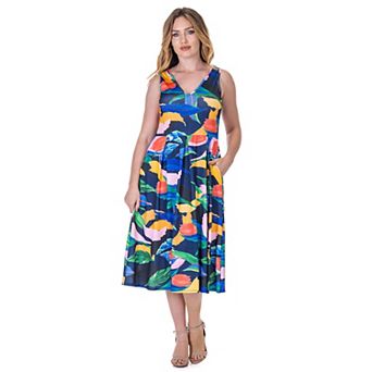 Women's 24Seven Comfort Apparel Midi Length Geo Print Sleeveless Pleated Pocket Dress