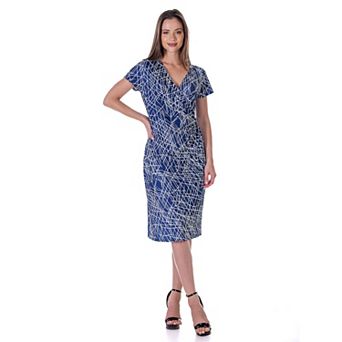 Women's 24Seven Comfort Apparel Geometric Print Knee Length Short Sleeve Faux Wrap Dress
