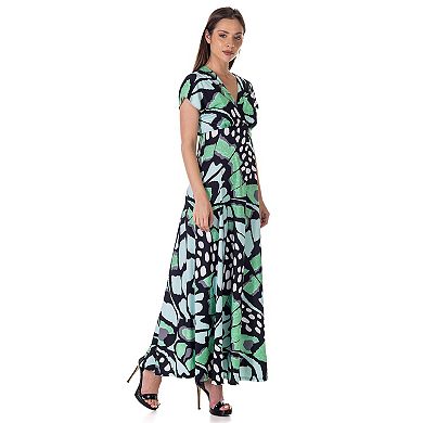 Women's 24Seven Comfort Apparel V Neck Empire Waist Kimono Cap Sleeve Maxi Dress