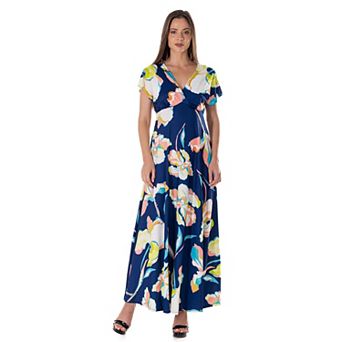 Women's 24Seven Comfort Apparel V Neck Empire Waist Kimono Cap Sleeve Maxi Dress