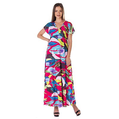24seven Comfort Apparel Print V Neck Empire Waist Kimono Cap Sleeve Maxi Dress - Miscellane - S
