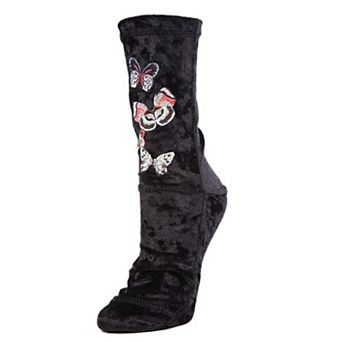 Butterfly-Embroidered Crushed Velvet Crew Socks