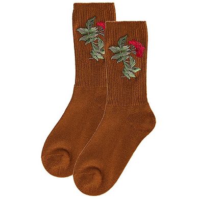 Women's Embroidered Berry Leaf Vintage Style Crew Sock