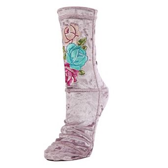 Floral Embroidered Crushed Velvet Crew Socks