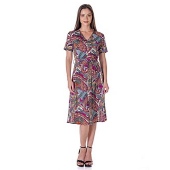 Women's 24Seven Comfort Apparel Short Sleeve Tie Waist Midi Dress