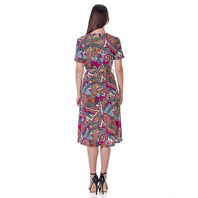 short sleeve tie waist midi dress Louniche Women's Vacation Solid Deep Shirred Short Sleeve Tie Waist Midi  Dress