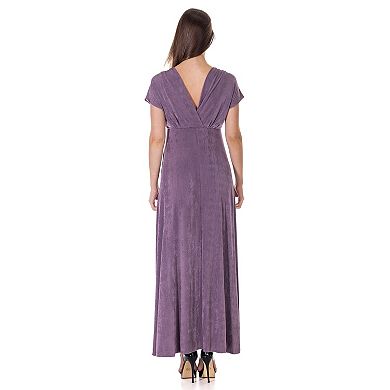 Women's 24Seven Comfort Apparel Flutter Sleeve Metallic Knit Maxi Dress Front Slit Empire Waist