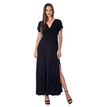 Women's 24Seven Comfort Apparel Flutter Sleeve Metallic Knit Maxi Dress Front Slit Empire Waist