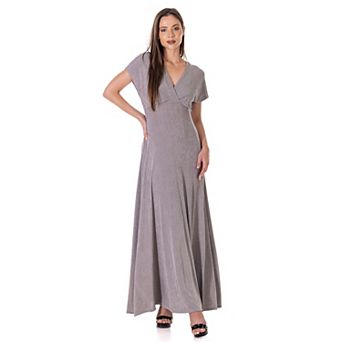 Women's 24Seven Comfort Apparel Flutter Sleeve Metallic Knit Maxi Dress Front Slit Empire Waist