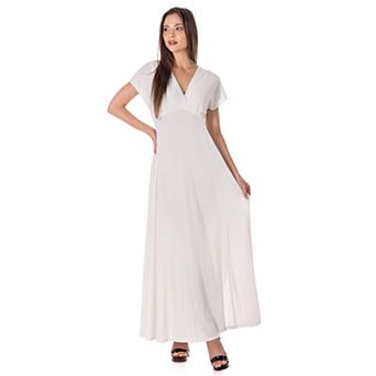 Women's 24Seven Comfort Apparel Flutter Sleeve Metallic Knit Maxi Dress Front Slit Empire Waist