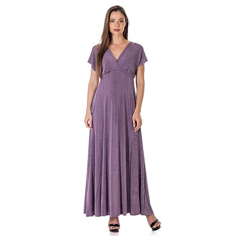 Женские платья 24Seven Women's 24Seven Comfort Apparel Flutter Sleeve Metallic Knit Maxi Dress Front Slit Empire Waist