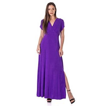 Women's 24Seven Comfort Apparel Flutter Sleeve Metallic Knit Maxi Dress Front Slit Empire Waist