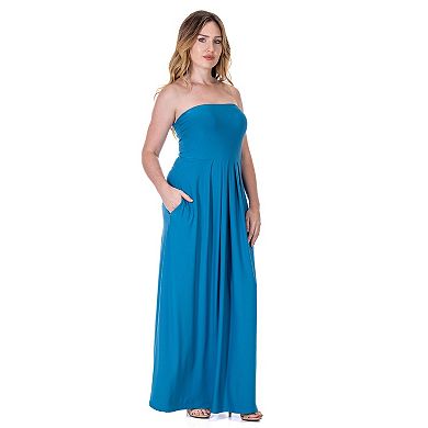 Women's 24Seven Comfort Apparel Pleated A Line Strapless Maxi Dress With Pockets