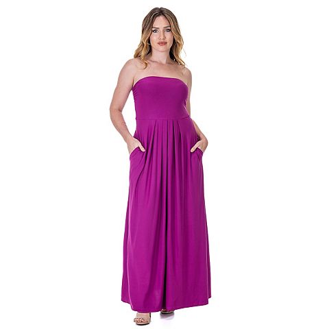 Женские платья 24Seven Women's 24Seven Comfort Apparel Pleated A Line Strapless Maxi Dress With Pockets