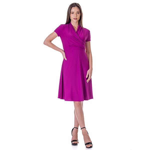 Women's 24Seven Comfort Apparel Short Sleeve Knee Length V Neck Rouched Wrap Dress