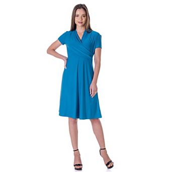 Women's 24Seven Comfort Apparel Short Sleeve Knee Length V Neck Rouched Wrap Dress