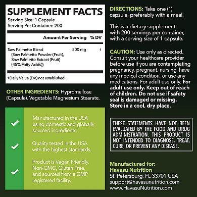 Saw Palmetto Capsules for Prostate & Hair Health, 200ct