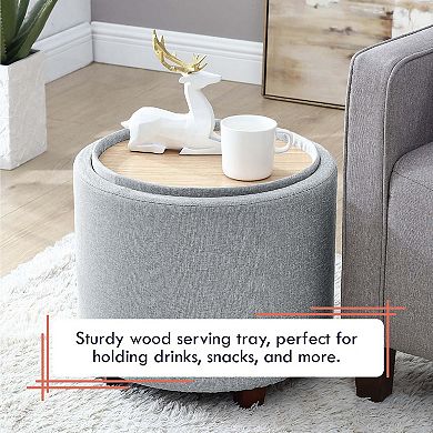 Round Linen Storage Ottoman With Table Top Lid