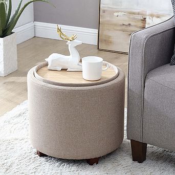 Round Linen Storage Ottoman With Table Top Lid