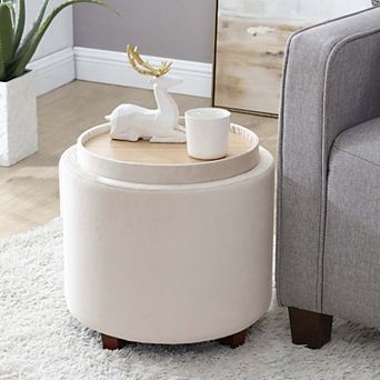 Round Linen Storage Ottoman With Table Top Lid