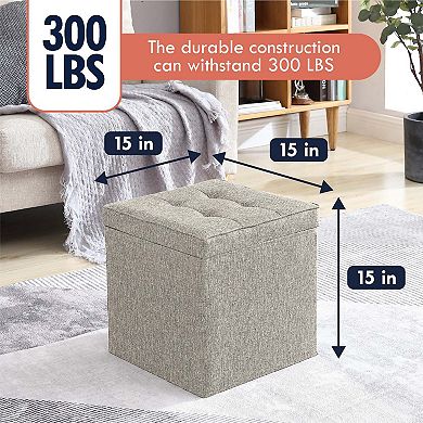 Foldable Tufted Linen Square Storage Ottoman With Table Top Lid