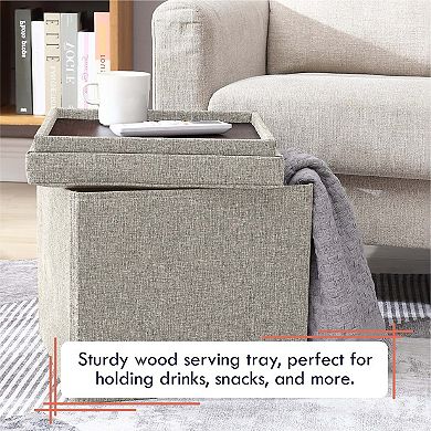 Foldable Tufted Linen Square Storage Ottoman With Table Top Lid