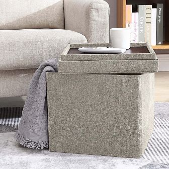 Foldable Tufted Linen Square Storage Ottoman With Table Top Lid