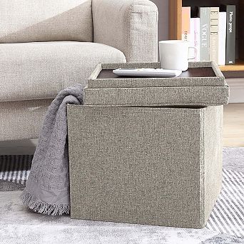 Foldable Tufted Linen Square Storage Ottoman With Table Top Lid