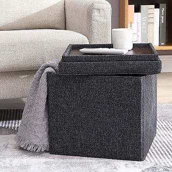 Foldable Tufted Linen Square Storage Ottoman With Table Top Lid