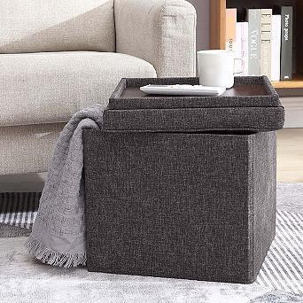 Foldable Tufted Linen Square Storage Ottoman With Table Top Lid