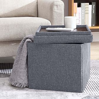 Foldable Tufted Linen Square Storage Ottoman With Table Top Lid