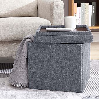 Foldable Tufted Linen Square Storage Ottoman With Table Top Lid