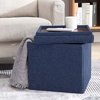 Foldable Tufted Linen Square Storage Ottoman With Table Top Lid