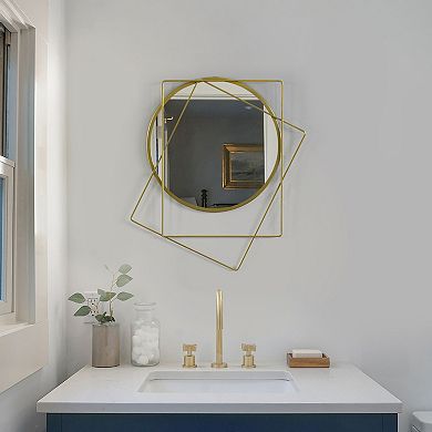 Uniquewise Decorative Circle Mirror Featuring 2 Squares Shaped Gold Metal Frame