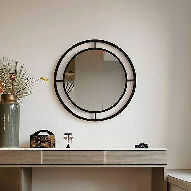 Uniquewise Decorative Round Mirror With Circle Ring Frame - Black Metal Wall Mounted Modern Mirror