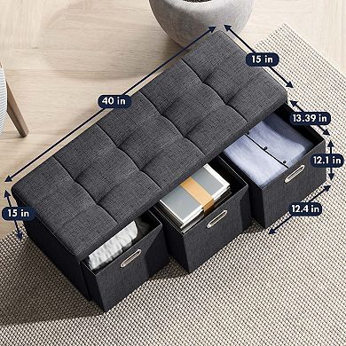 Foldable Tufted Linen Long Bench Storage Ottoman With 3 Drawers