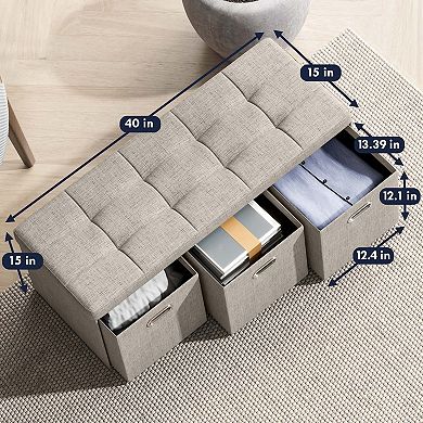 Foldable Tufted Linen Long Bench Storage Ottoman With 3 Drawers