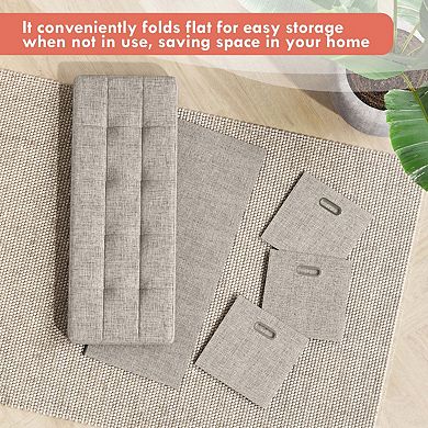 Foldable Tufted Linen Long Bench Storage Ottoman With 3 Drawers