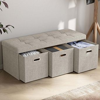 Foldable Tufted Linen Long Bench Storage Ottoman With 3 Drawers