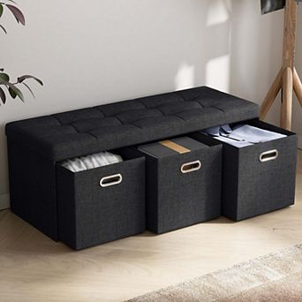 Foldable Tufted Linen Long Bench Storage Ottoman With 3 Drawers